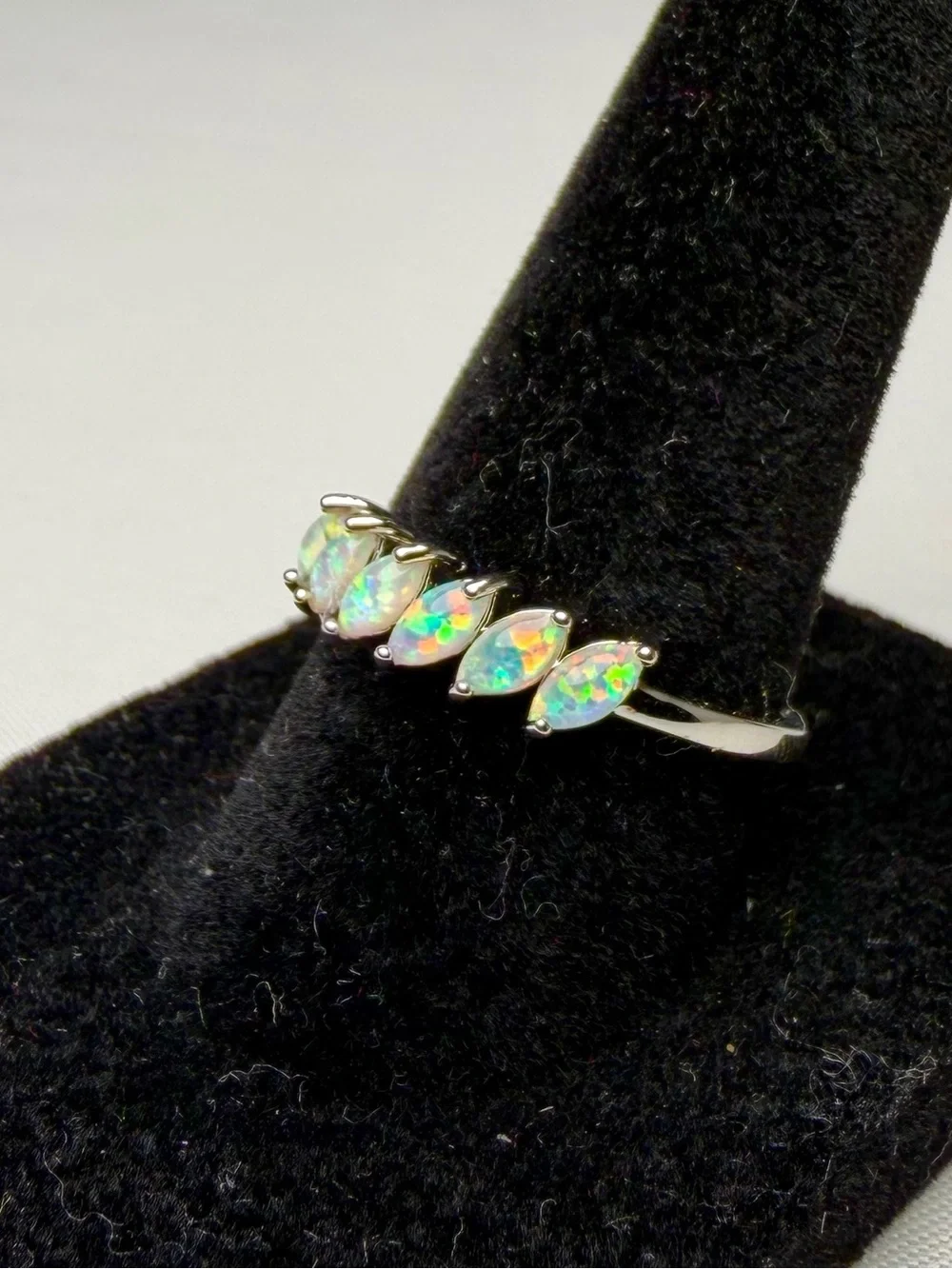 Natural Opal Ring 6 Stone Marquise White Gold Over Sterling Silver Band